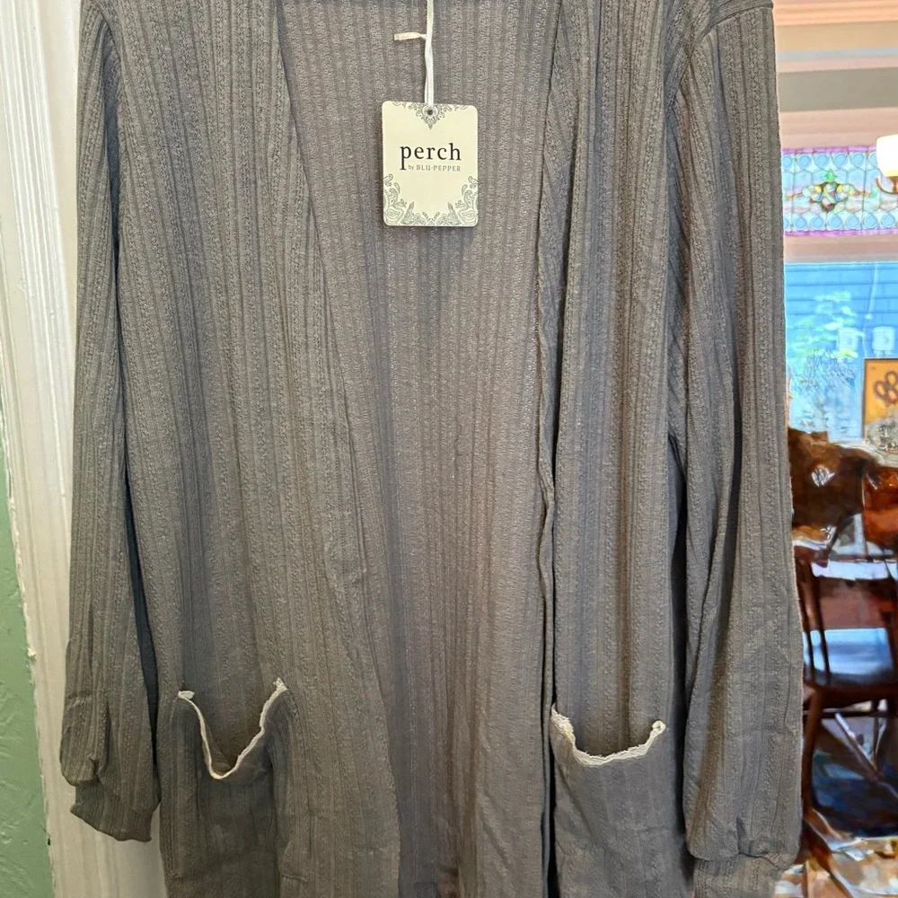 Perch by Blu Pepper Long Gray Cardigan with Lace Details NWT Sizes 1X-3X - Picture 3 of 8